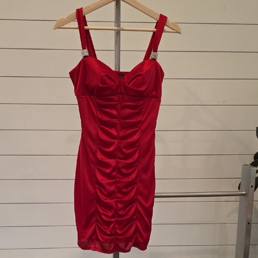 Love Tease Red Satin Ruched Mini Dress